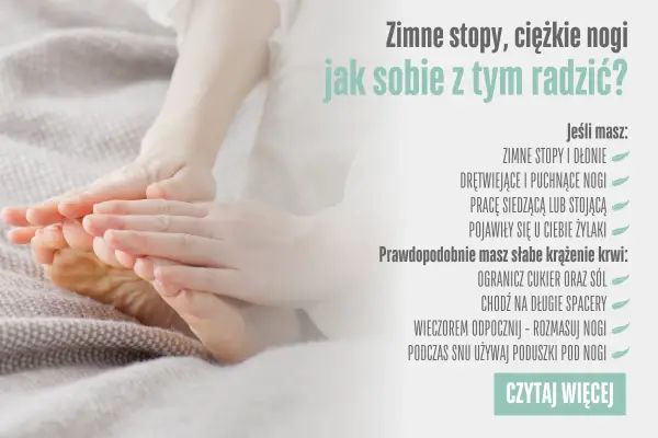 Dłonie masujące stopy, wskazujące na objawy złego krążenia w nogach: zimne stopy, drętwienie, puchnięcie. Porady: ogranicz sól, spaceruj, masuj nogi.