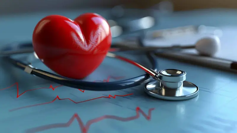 Czerwone serce, stetoskop i wykres EKG symbolizują zdrowie i prawidłowe tętno u dzieci.